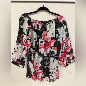 Anne Klein Black and Pink Floral Off-Shoulder Tunic Sz L